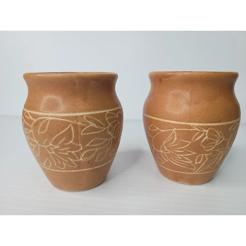 2 Handmade Small Studio Art Pottery‎ Vases Abstract Floral Design 3 1/4